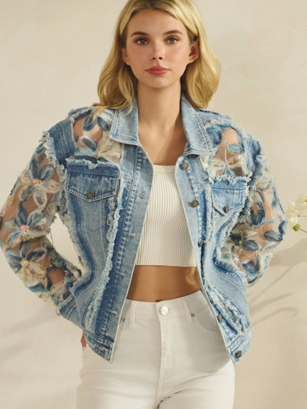 Western Floral Lace Appliqué Semi Sheer Button Down Frayed Jacket - Picture 4 of 13